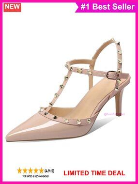 Studded Kitten Heel Slingback Sandals Pointy Toe Ankle Strap Faux Leather